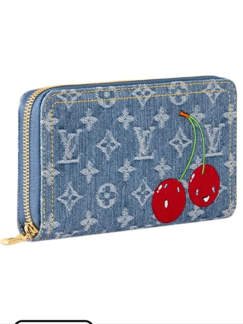 Cotton Jean Denim Blue Red Cherry Smiles Zip Around Continential Wallet